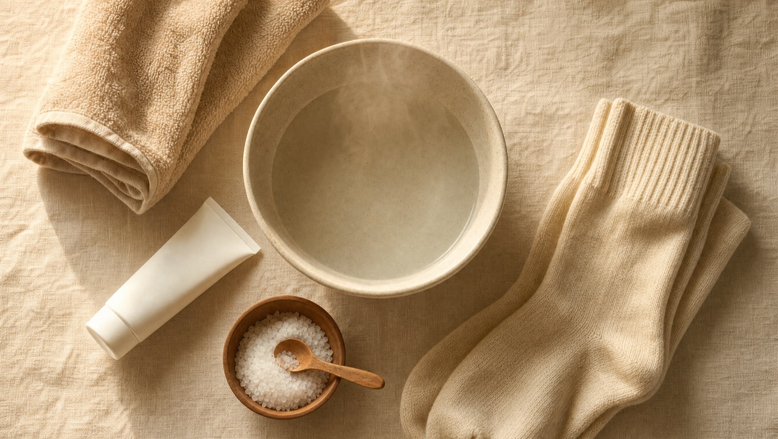 Editorial flat-lay of the Crack-Free System protocol: porcelain bowl of warm water, cotton socks, unlabeled cream tube, towel and Epsom salt — the everything you need.